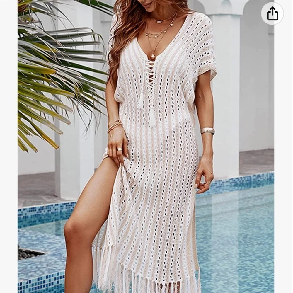 3. CUPSHE Long Tunic Crochet Cover Up Split Tassel Hem V Neck Hollow Out